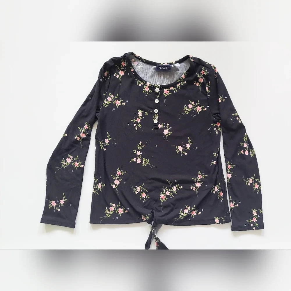 The Children's Place Girls Top Long Sleeve Black Pink Floral Knotted Front Sz 10